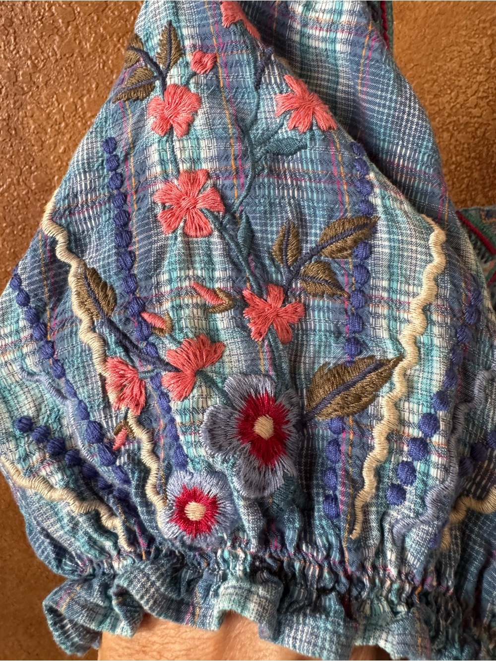 Johnny Was Aimee Blue Plaid Floral Embroidered Short Puff Sleeve Peasant Top S - Picture 9 of 12